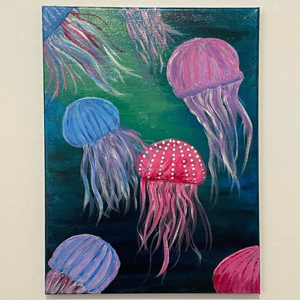Handmade acrylic painting jellyfish underwater 12x16 wallart